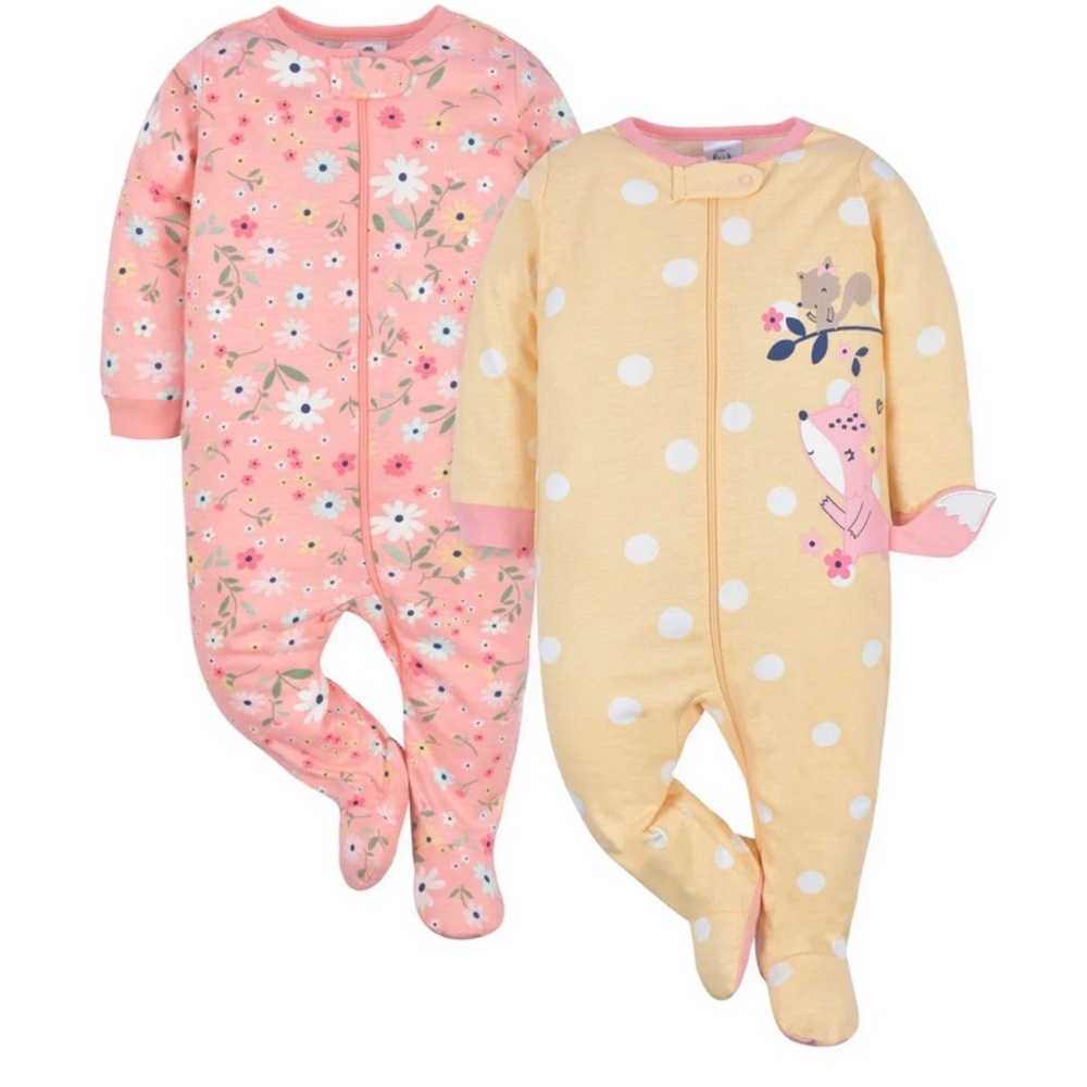 Gerber Baby Girl’s Floral & Fox Sleep N Play (2 Pack) & Matching Mittens
